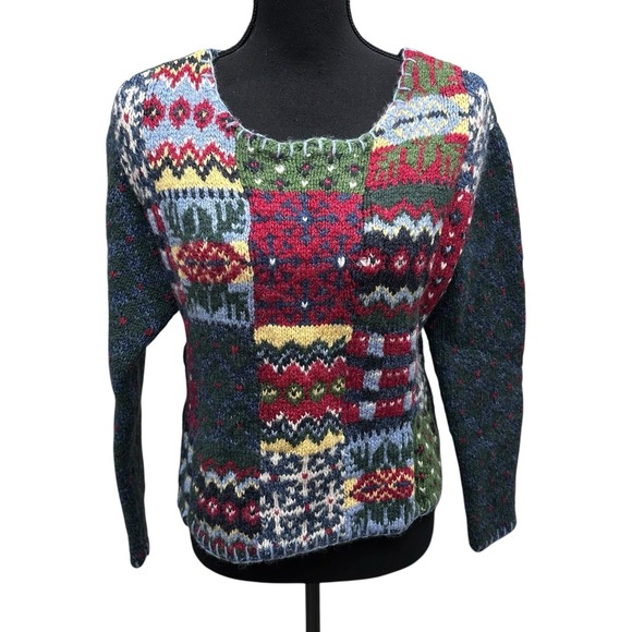 Liz Claiborne Sweaters - Vtg Liz Claiborne 80s 90s Ugly Cosby‎ Granny Sweater Xmas Hand Knitted Wool SZ M